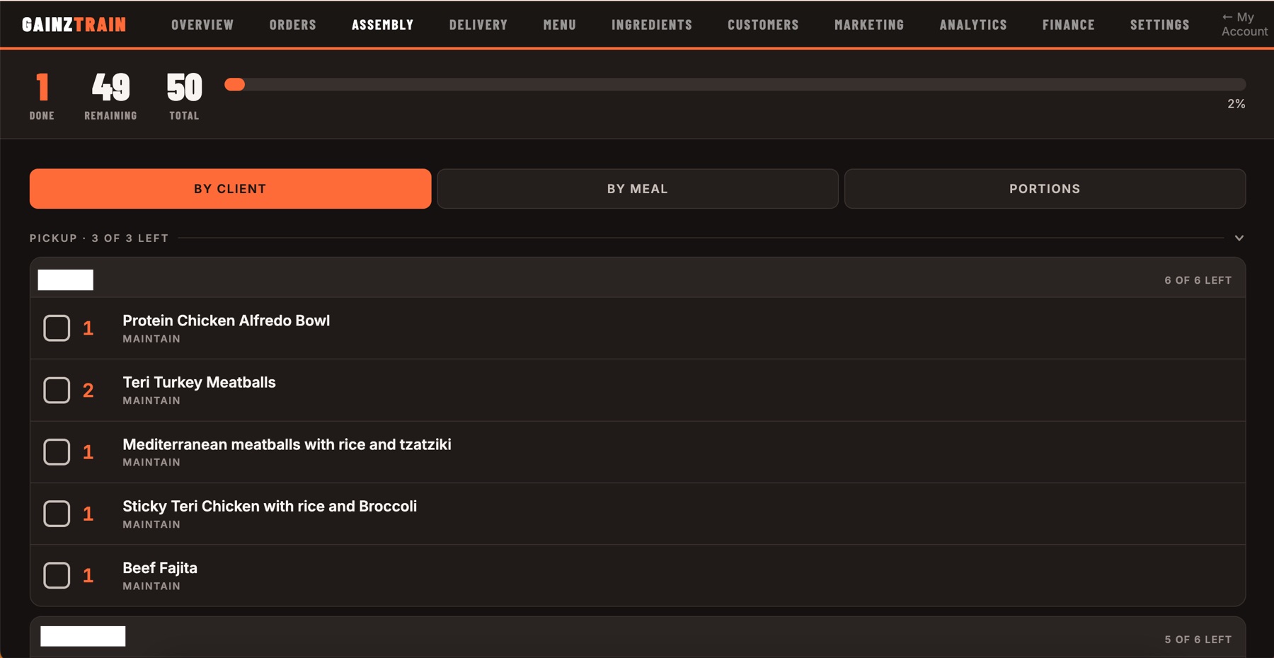 GainzTrain assembly screen showing live progress and each client's meals with checkboxes