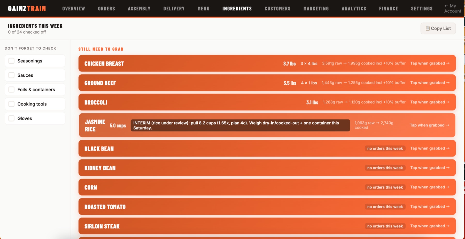 GainzTrain ingredients list showing pounds needed with raw-to-cooked weights