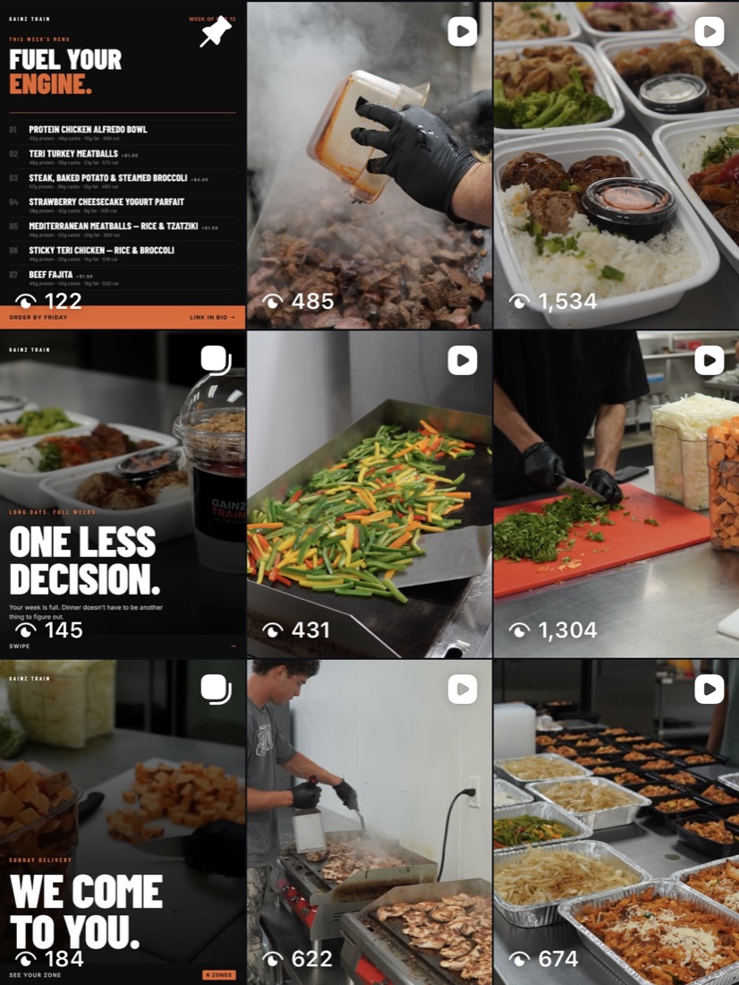 Grid of GainzTrain Instagram posts showing meal prep content and view counts