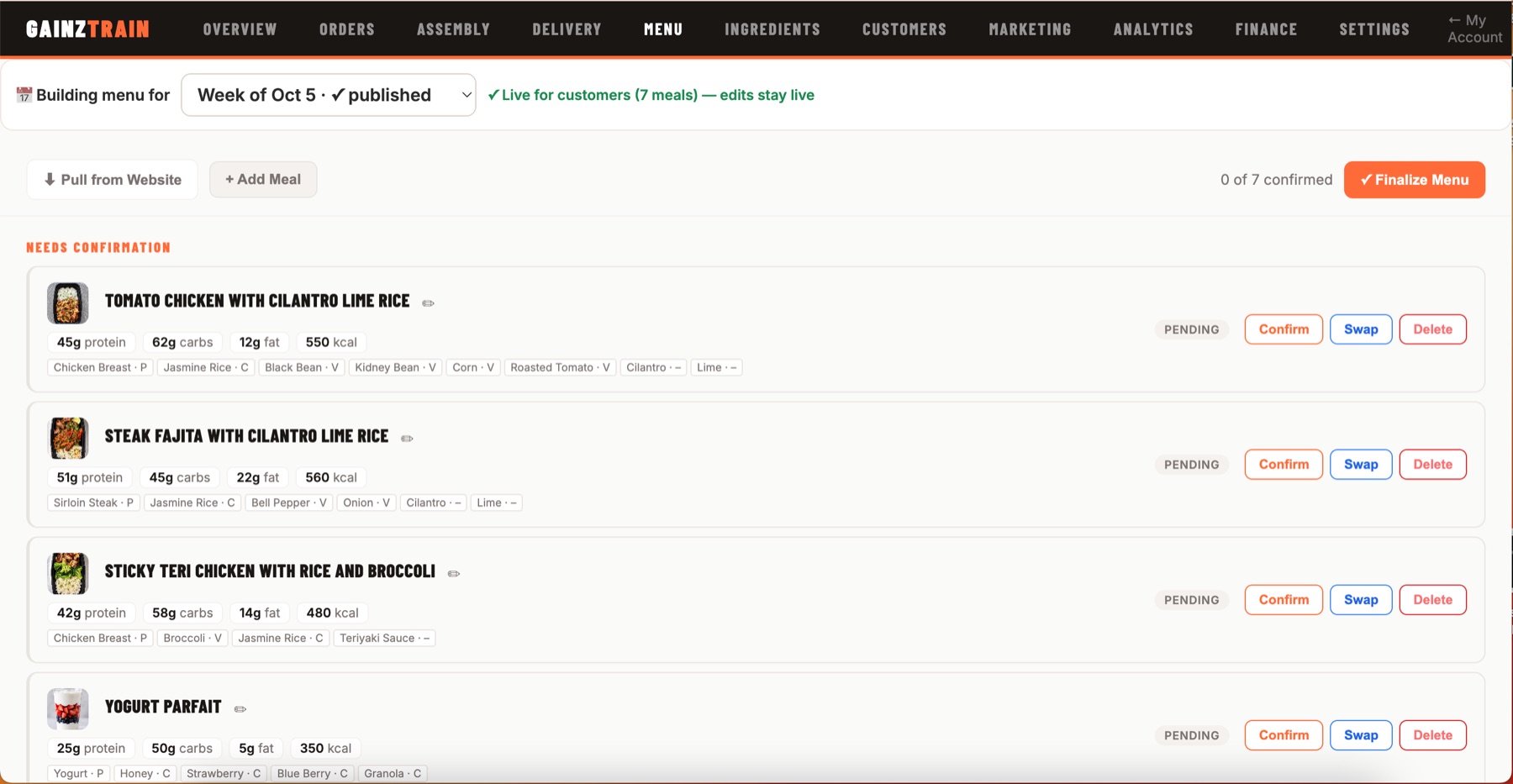 GainzTrain menu builder showing meals with macros and confirm, swap, and delete buttons