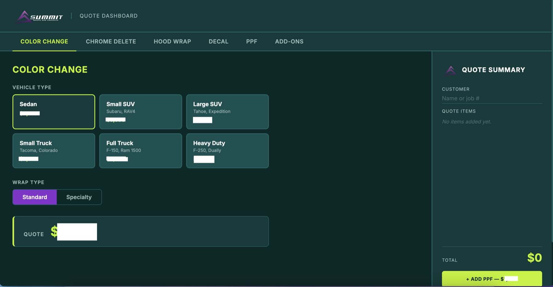 Summit quote dashboard with service tabs, vehicle types, and a quote summary panel